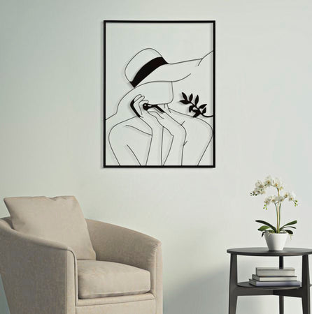 Pannello decorativo donna con cappello in ferro per decorazioni ambienti