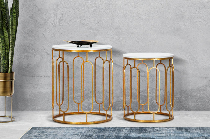 Tavolinetti coppia in metallo color oro ripiano in marmo per interni set da 2