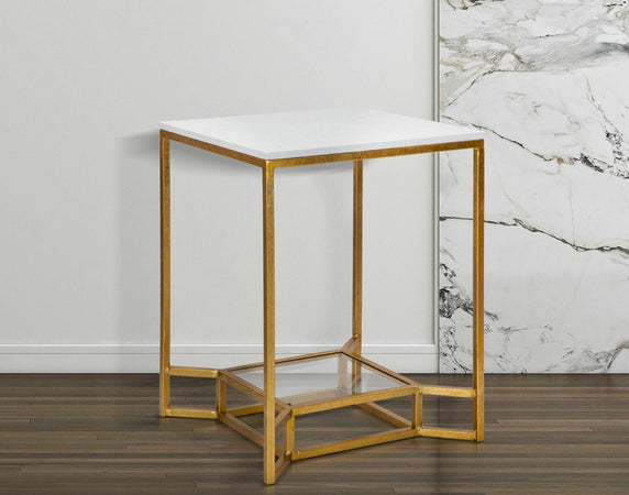 Tavolo da caffè quadrato in metallo color oro ripiano in marmo per interni