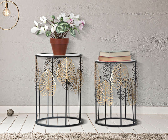 Tavolinetti coppia in metallo con foglie ripiano in vetro per interni set da 2