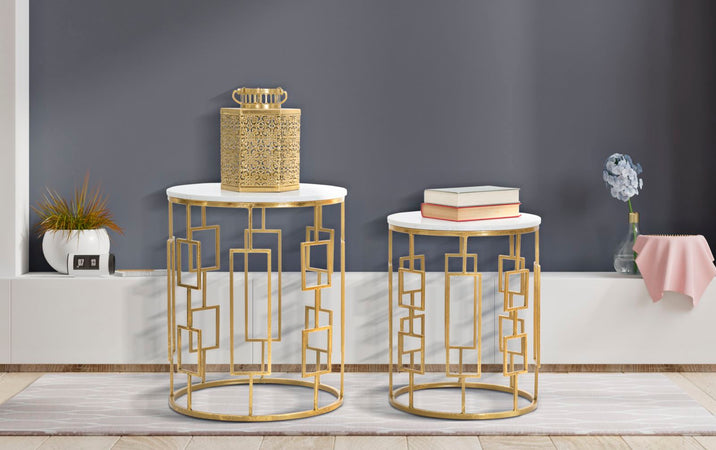 Tavolinetti "Cube" struttura in ferro color oro ripiano in marmo per interni set da 2