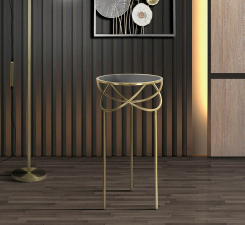 Tavolino porta telefono ring rotondo struttura in ferro color oro e vetro per interni