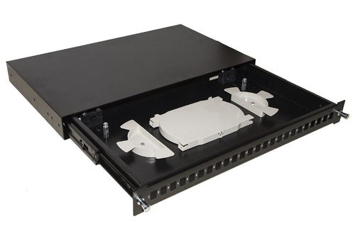 CASSETTO FIBRA OTTICA 24 PORTE PER ADATTATORI LC DUPLEX E SC SIMPLEX 1 UNITA' PER INSTALLAZIONE 19 NERO CON BINARI TELESCOPICI (LKFO24N)