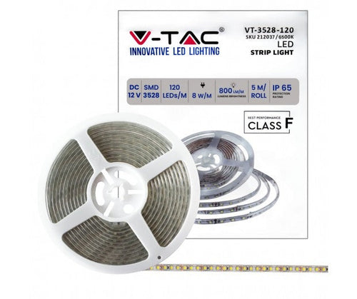 STRISCIA LED VT-3528 120LED/M 12V STRIP 5MT 8W/M BIANCO FREDDO 6500K IP65 (212037)