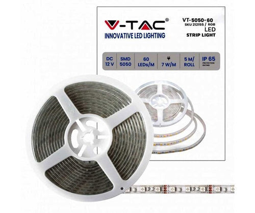 STRISCIA LED VT-5050 100LM/MT 12V STRIP 5MT 7W/MT RGB IP65 (212155)