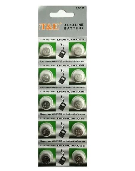 BATTERIE BOTTONE MINI 1.55V AG5 LR754 393 G5 ALKALINE (10 PEZZI)