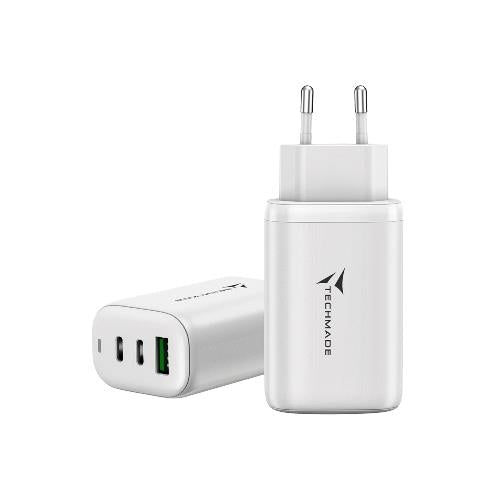 Caricatore Techmade Usb A + 2x TypE-C - 65 Watt - Bianco