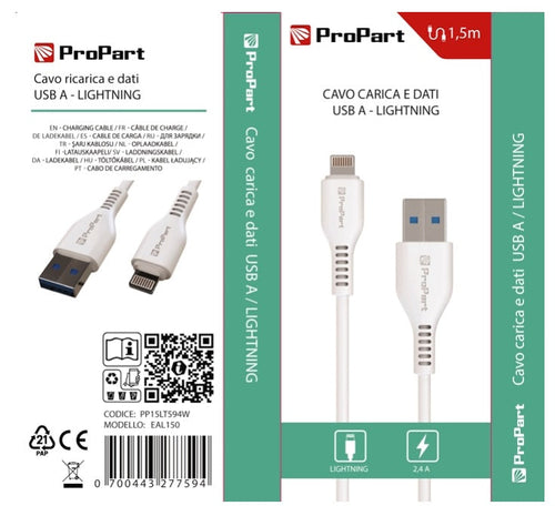 Cavo Lightning - Tipo-A - 2.4A 5V - 1.5mt Carica Rapida e dati - Bianco