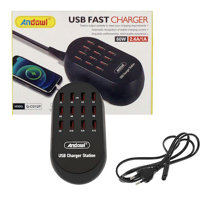 STAZIONE DI RICARICA CON 12 PORTE USB A PRESA VELOCE PER SMARTPHONE/TABLET - 60W 2.4A/1A (Q-CD12P)