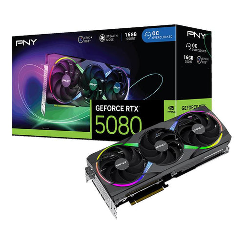 Scheda video PNY GeForce RTX 5080 ARGB EPIC-X RGB Overclocked Triple Fan GPU - 256bit - 16GB GDDR7 - 3x DisplayPort, 1x HDMI - 2295 Mhz - Pci-express