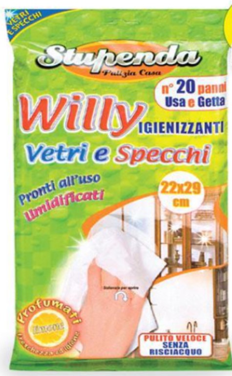 BRIANTINA - STUPENDA - 20 PANNI UMIDI USA E GETTA WILLY PER PULIZIA VETRI/SPECCHI - 22x29cm