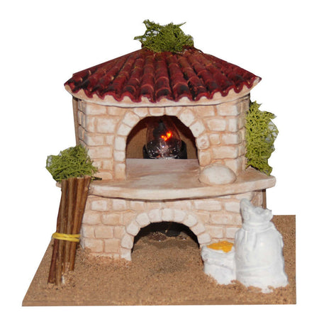 Forno con fuoco funzionante realizzato a mano per presepe natalizio 18 x 16 x h16 cm