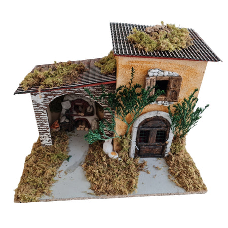 Capanna vuota con muschio esterno, finestra, fuoco e luci per presepe 42 x 31 x 34 cm