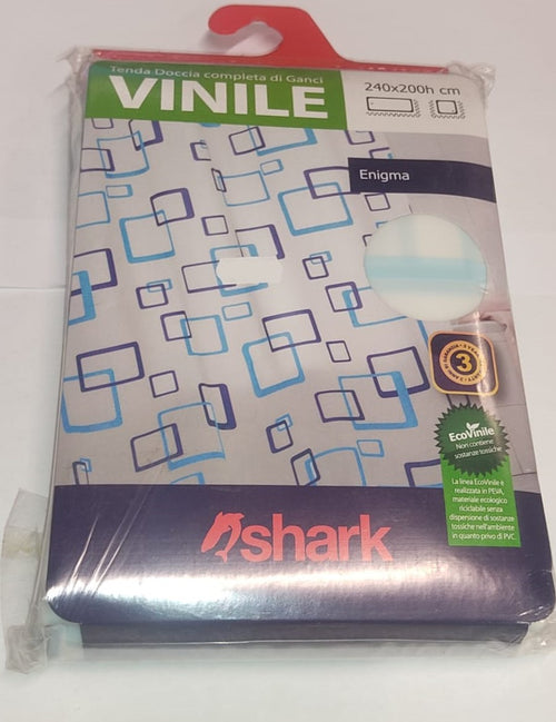 SHARK - TENDA DA DOCCIA COMPLETA DI GANCI IN VINILE LINEA ENIGMA 240x200h cm - COLORE BIANCO CON DECORAZIONI BLU