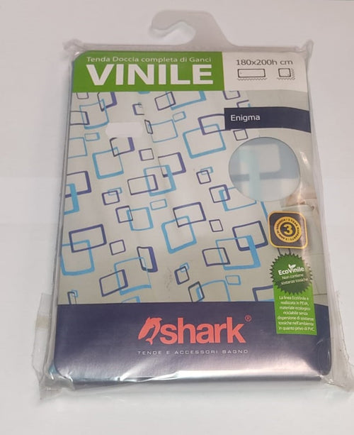 SHARK - TENDA DA DOCCIA COMPLETA DI GANCI IN VINILE LINEA ENIGMA 180x200h cm - COLORE BIANCO CON DECORAZIONI BLU