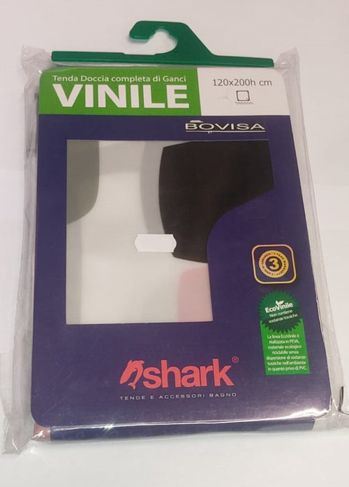 SHARK - TENDA DA DOCCIA COMPLETA DI GANCI IN VINILE LINEA BOVISA 120x200h cm - COLORE BIANCO CON SCRITTE NERE/ROSSE