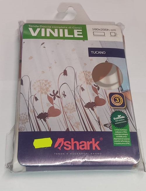 SHARK - TENDA DA DOCCIA COMPLETA DI GANCI IN VINILE LINEA TUCANO 180x200h cm - COLORE BIANCO CON DECORAZIONI MARRONI