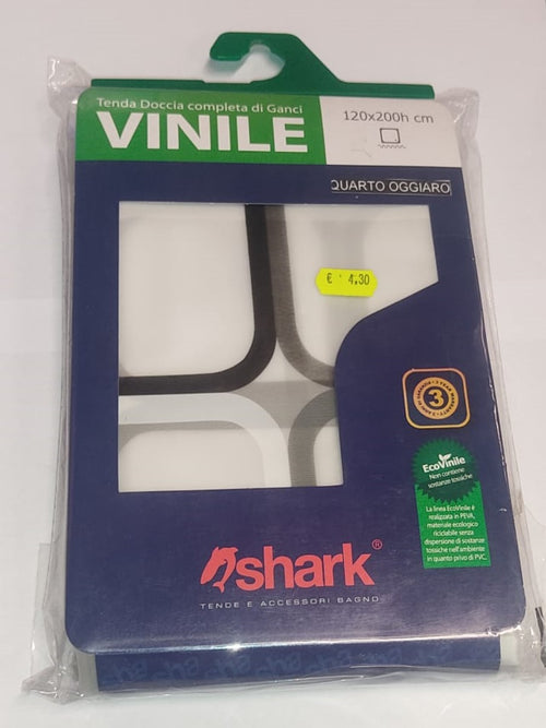 SHARK - TENDA DA DOCCIA COMPLETA DI GANCI IN VINILE LINEA QUARTO OGGIARO 120x200h cm - COLORE BIANCO CON DECORAZIONI NERE