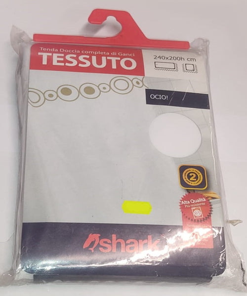 SHARK - TENDA DA DOCCIA COMPLETA DI GANCI IN TESSUTO LINEA OCIO! 240x200h cm - COLORE BIANCO E DECORAZIONI MARRONI