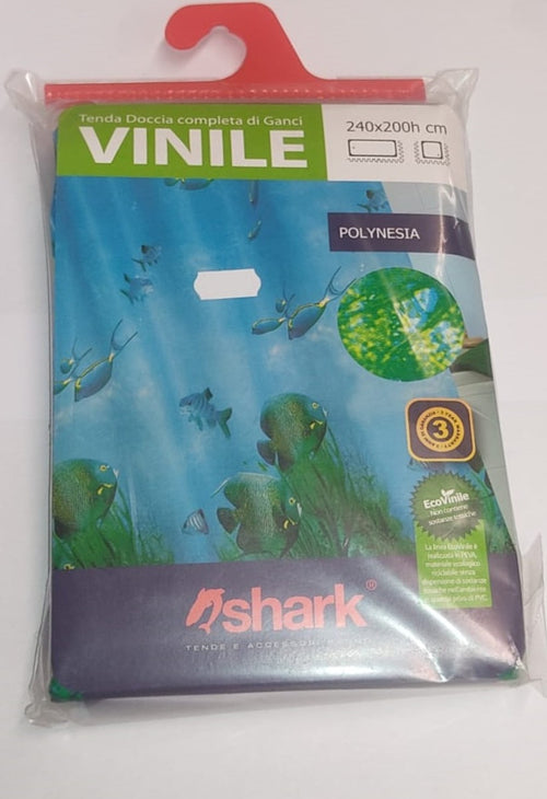 SHARK - TENDA DA DOCCIA COMPLETA DI GANCI IN VINILE LINEA POLYNESIA 240x200h cm - COLORE AZZURRO CON PESCI