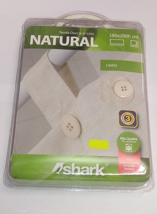 SHARK - TENDA DA DOCCIA COMPLETA DI GANCI IN LINO LINEA LINEN 180x200h cm - COLORE BEIGE CON BOTTONI