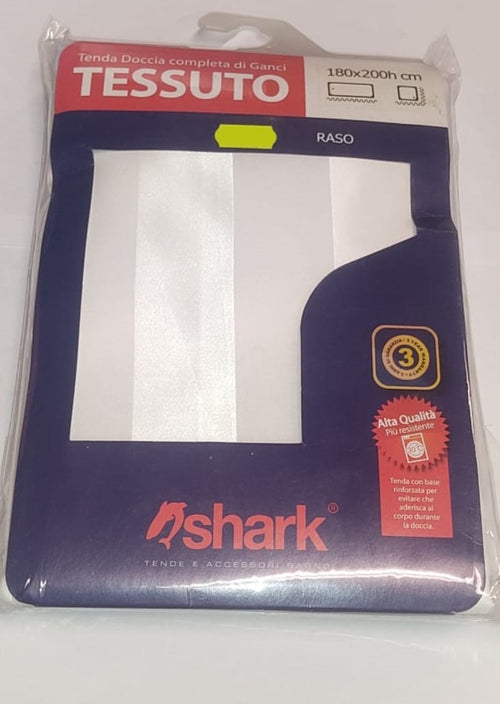 SHARK - TENDA DA DOCCIA COMPLETA DI GANCI IN TESSUTO LINEA RASO 180x200h cm - COLORE BIANCO A RIGHE ATERNATE