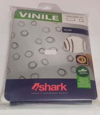 SHARK - TENDA DA DOCCIA COMPLETA DI GANCI IN VINILE LINEA "SLOW" 180x200h cm - COLORE BIANCO CON DECORAZIONI MARRONI