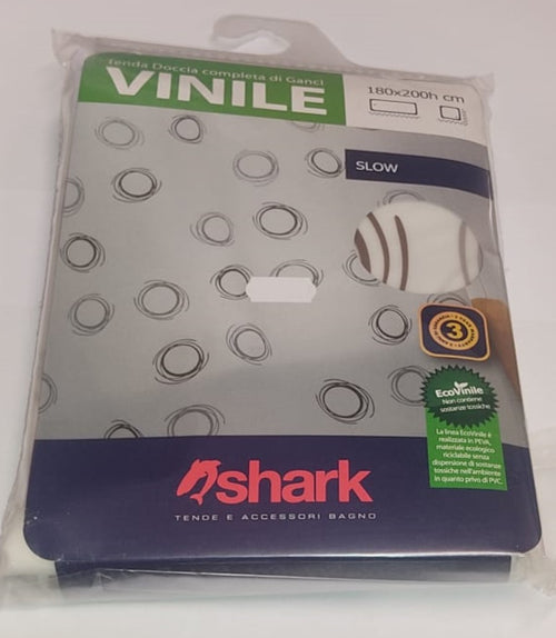 SHARK - TENDA DA DOCCIA COMPLETA DI GANCI IN VINILE LINEA SLOW 180x200h cm - COLORE BIANCO CON DECORAZIONI MARRONI