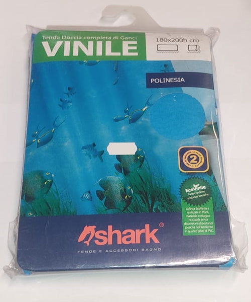 SHARK - TENDA DA DOCCIA COMPLETA DI GANCI IN VINILE LINEA POLYNESIA 180x200h cm - COLORE AZZURRO CON PESCI