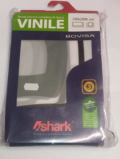 SHARK - TENDA DA DOCCIA COMPLETA DI GANCI IN VINILE LINEA BOVISA 240x200h cm - COLORE BIANCO CON SCRITTE NERE/ROSSE