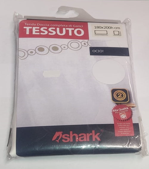 SHARK - TENDA DA DOCCIA COMPLETA DI GANCI IN TESSUTO LINEA OCIO! 180x200h cm - COLORE BIANCO E DECORAZIONI MARRONI