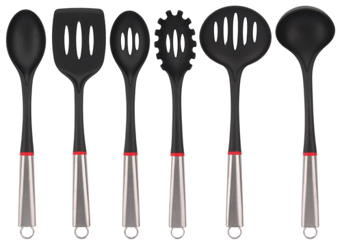 Set 6 Pezzi Mestolame Nylon con Manico in Acciaio Inox
