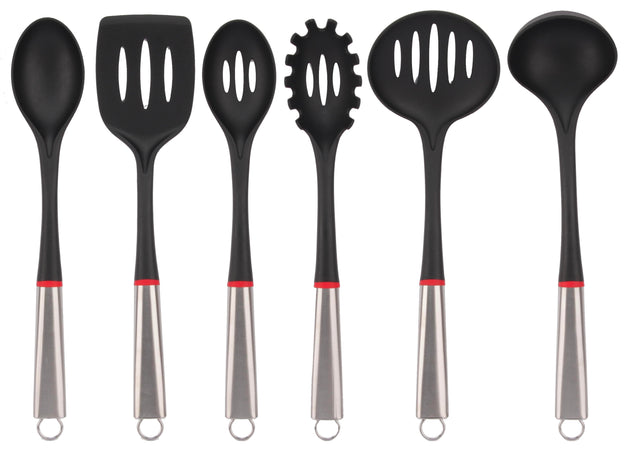 Set 6 Pezzi Mestolame Nylon con Manico in Acciaio Inox