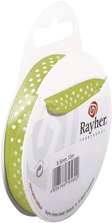 RAYHER - NASTRO DI RASO "ORGANZA" - COLORE VERDE CHIARO CON POIS BIANCHI 9,5MMX 10MT