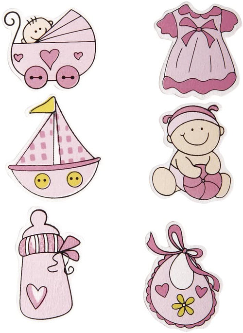 RAYHER - 6 PEZZI - MINIATURE IN LEGNO BABY GIRL CON ADESIVO 3-3,5cm