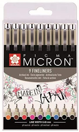 SAKURA - SET 9 PENNE A PUNTA FINE "PIGMA MICRON" PER DISEGNI - COLORI ASSORTITI