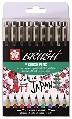 SAKURA - SET 9 PENNARELLI COLORATI PIGMA BRUSH PER DISEGNI - COLORI ASSORTITI