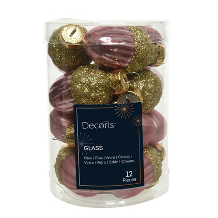 Palline a forma di ghianda in vetro per albero rosa velluto, confezione da 12 pezzi