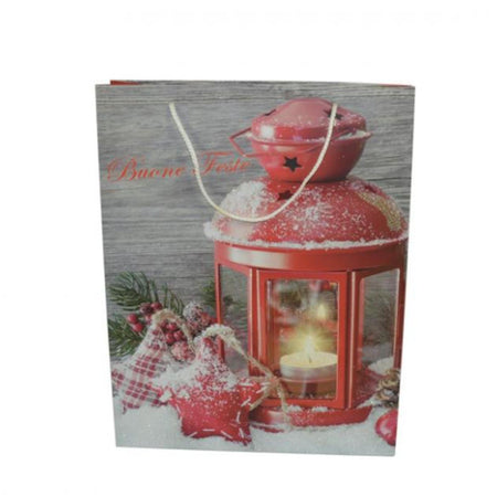 Busta per pacco regalo con disegno lanterna innevata natalizia h 42 cm
