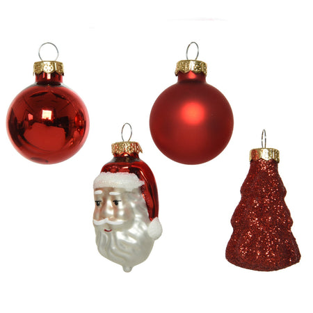 Palline rosse lucide, opache e glitterate con babbo natale e albero di natale da h 6 cm