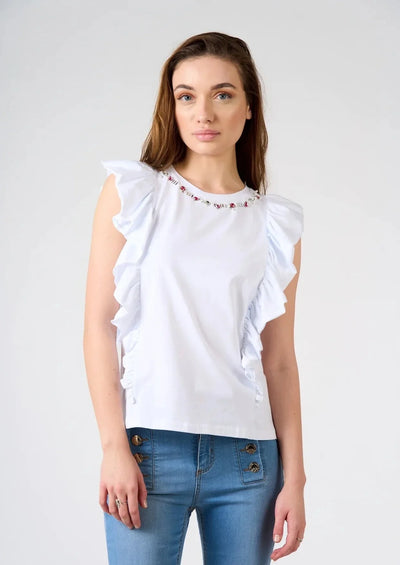 Sarah Chole T-Shirt Donna Bianca Con Dettagli Gioiello Sul Collo