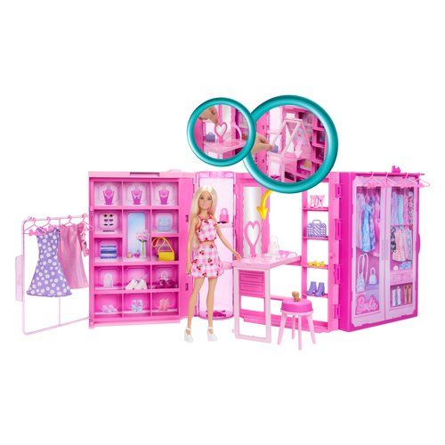 Barbie armadio dei sogni di playset giocattolo con bambola alla moda, vestiti e accessori, larghezza di 91 cm con oltre 25 pezzi - HXD58