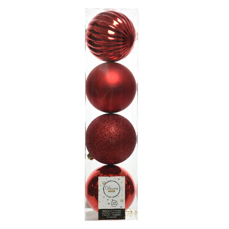 Palline per albero di natale in plastica infrangibile color Rosso Chiaro da 10 cm, tubo da 4 pezzi
