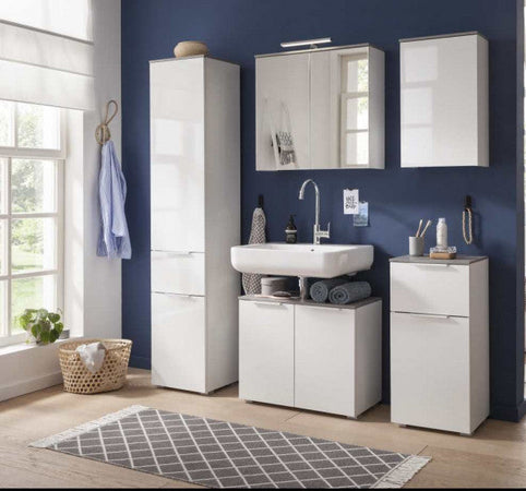 Sotto lavello da bagno bianco lucido e cemento h 58 cm con 2 ante in legno