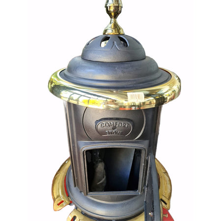 Stufa a legna "Comfort" 10 kW in ghisa con inserti ottone caminetto h 131 cm