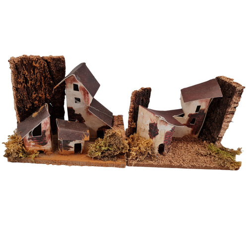 Paesaggio con due casette e capanne per presepe natalizio h 8 cm