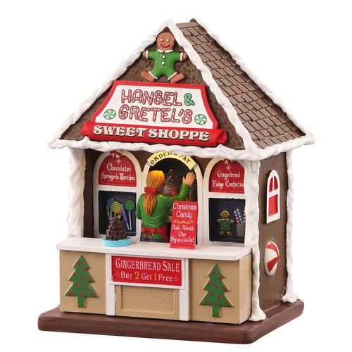 Edificio decorativo Il dolce negozio di Hansel & Gretel in poliresina per villaggio di Natale con luci