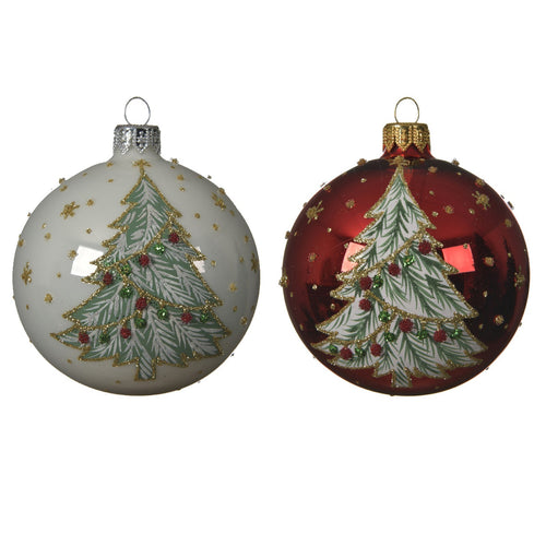 Palline per albero di natale in vetro color Rosso e Bianco con Albero da 8 cm, confezione da 6 pezzi