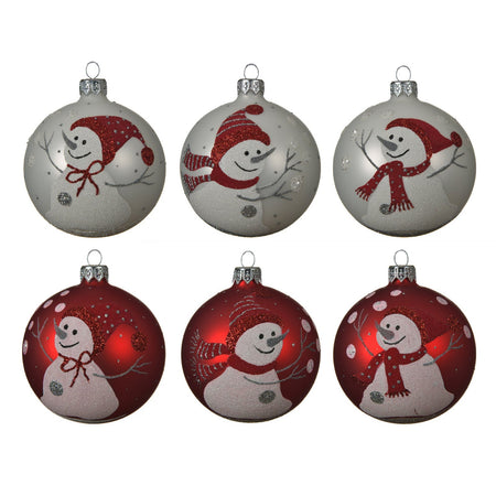 Palline per albero di natale in vetro color Bianco con Pupazzo di Neve da 8 cm, confezione da 6 pezzi