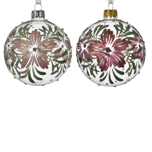 Palline per albero di natale in vetro color Bianco con Fiori da 8 cm, confezione da 6 pezzi